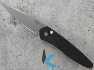 Protech 3436 Newport, Black Handle with 3D Wave MOP Button, Stonewash Blade