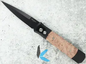 Protech 906 Godfather Black Aluminum Handle, Maple Burl Wood Inlays