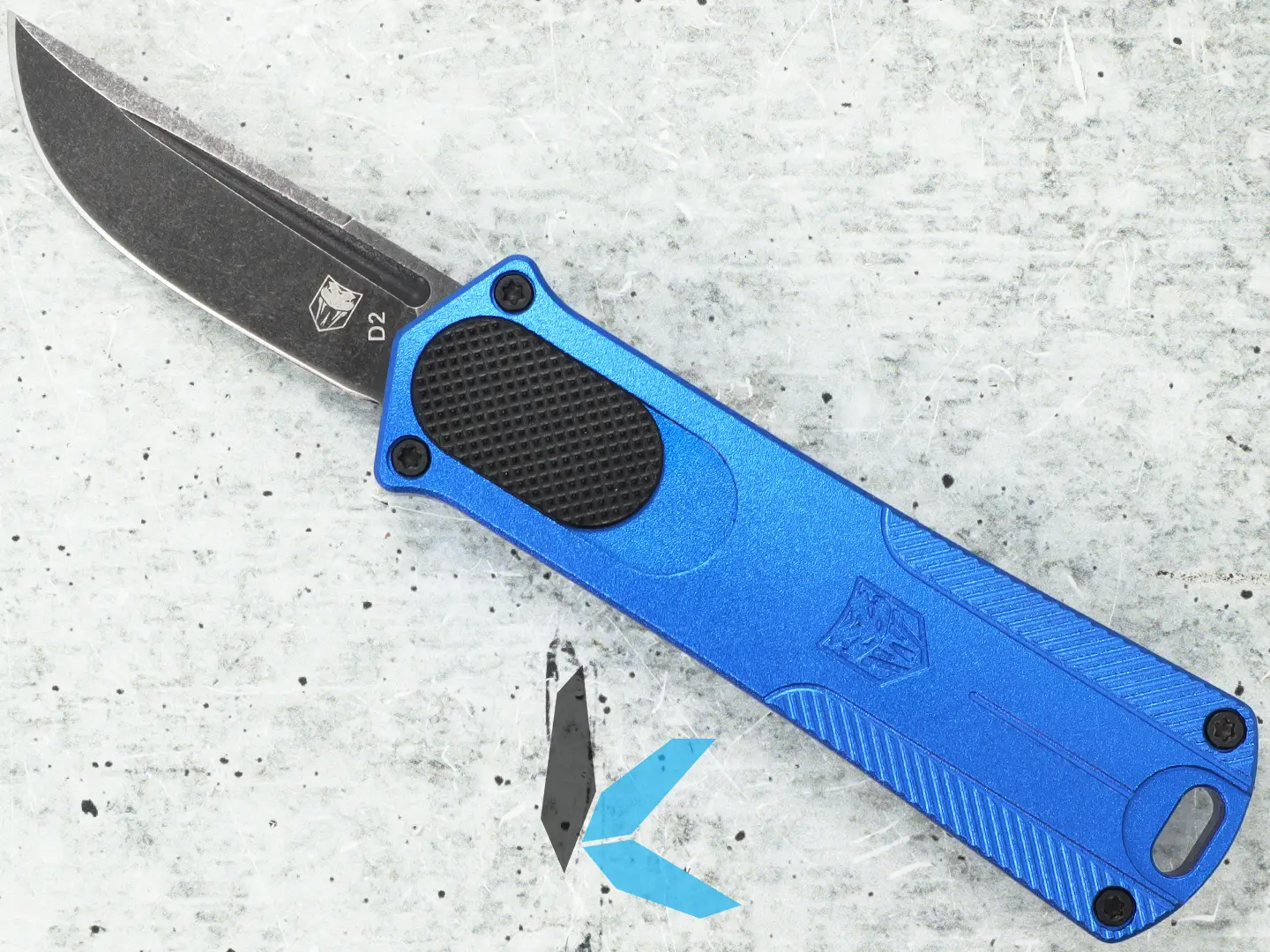 CobraTec Knives 952 OTF Knife, 1.75" SW D2 Steel Blade, Blue Handle, CALI952BLUDNS