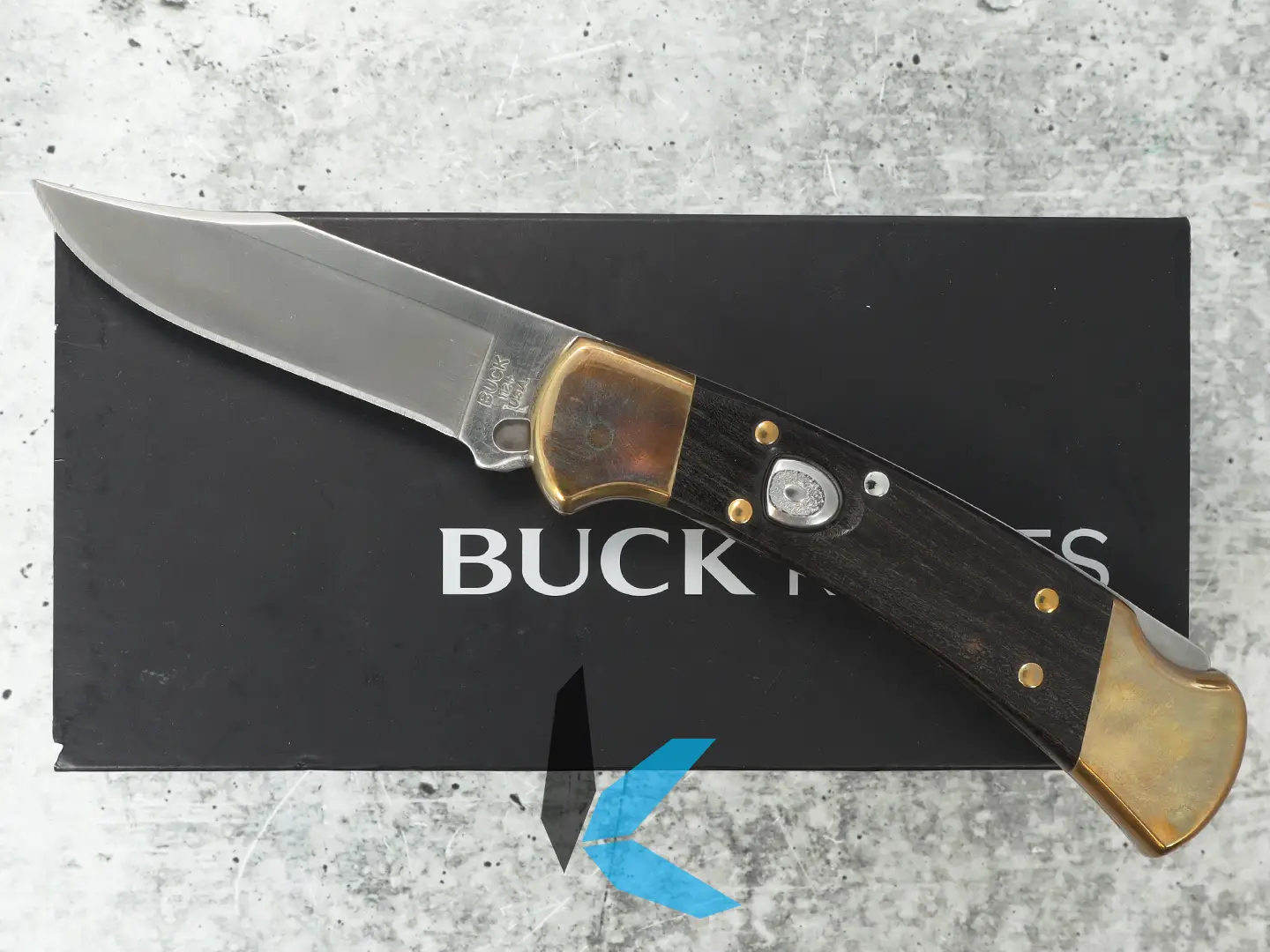 Used Buck Knives 112 Auto Ranger Folder, with Leather Sheath and Box