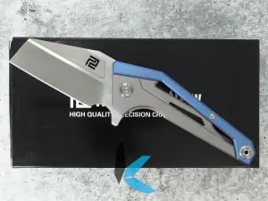 Used Artisan 1819G-BUM Ravine Folder, 2.83 inch M390 Blade, Blue Titanium Handle